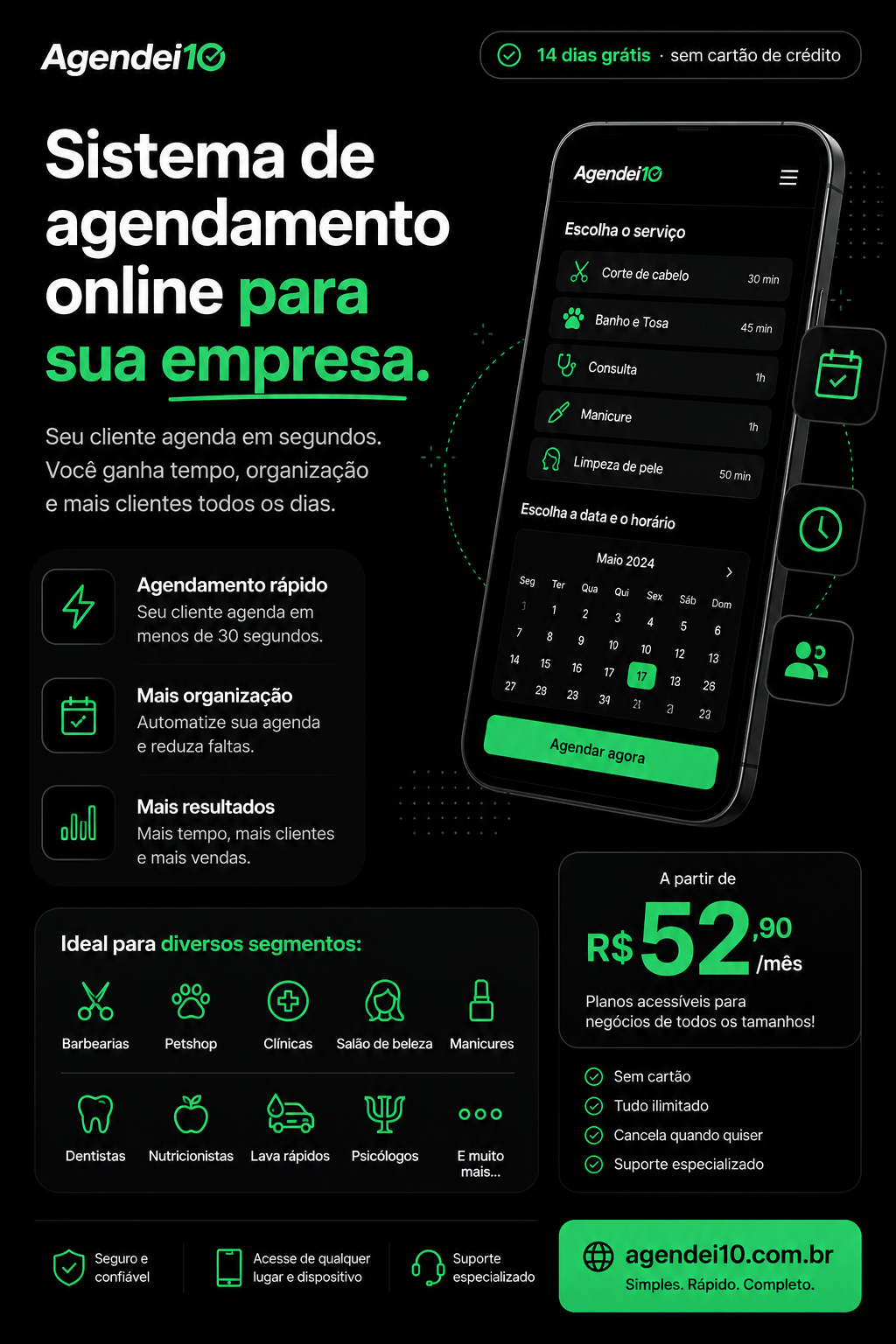 Aplicativo Agendei10 em smartphone mostrando agendamento online